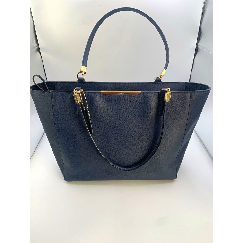Coach F34603 Navy Blue Saffiano Leather Tote Bag Gold Tone Shoulder Purse